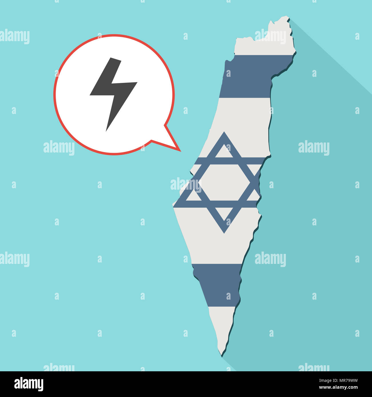 Illustrazione di una lunga ombra Israele mappa con la sua bandiera e un palloncino di fumetti con segno di elettricità Foto Stock