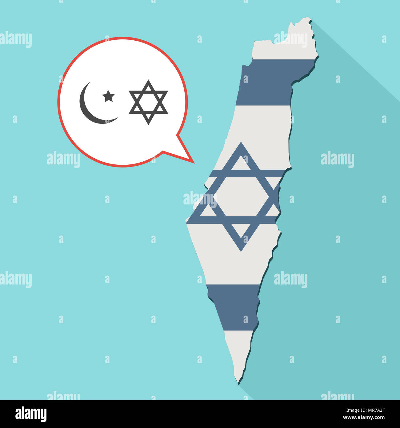 Illustrazione di una lunga ombra Israele mappa con la sua bandiera e un palloncino di fumetti con l'islam ed ebraismo religioni simboli Foto Stock