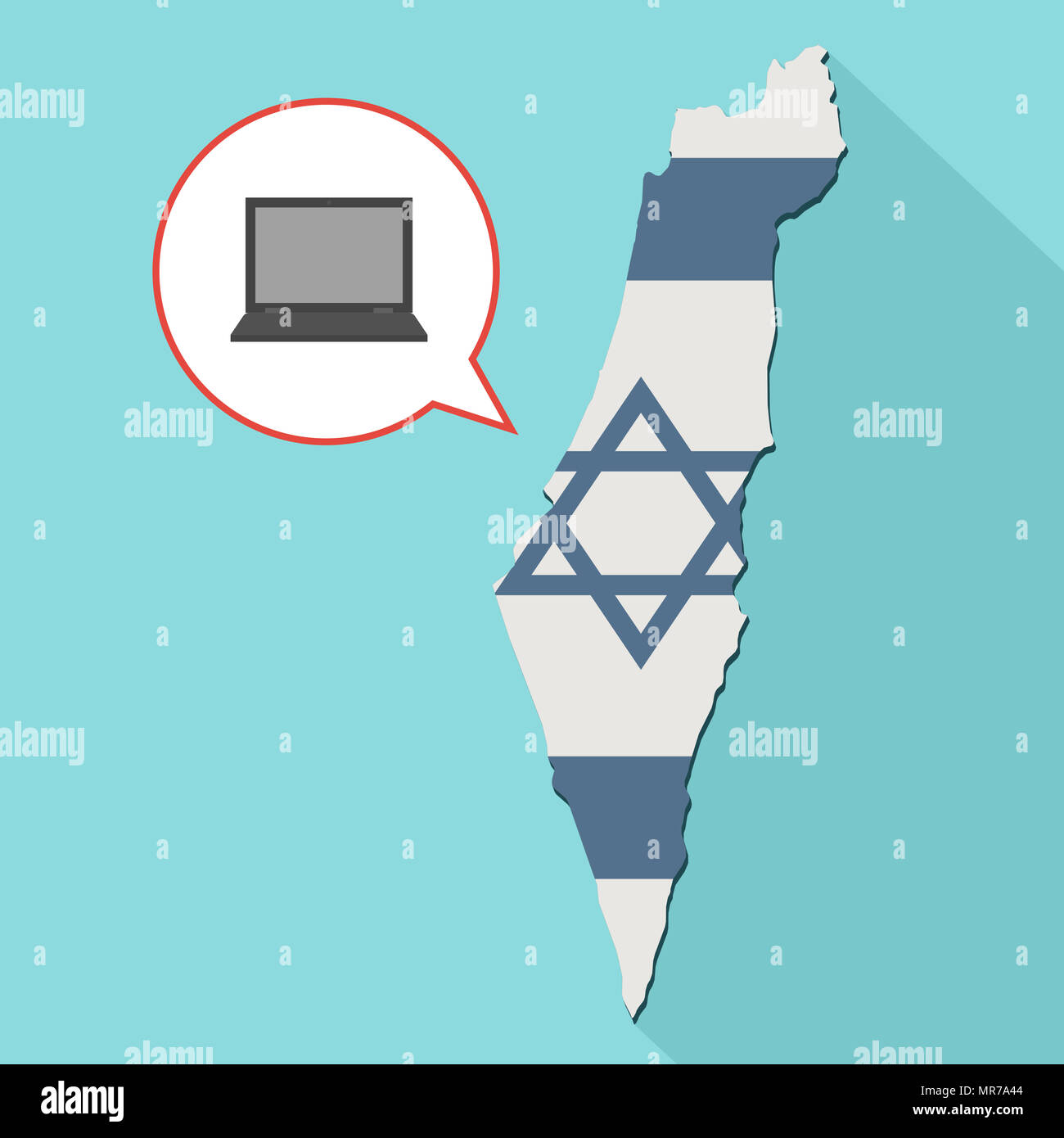 Illustrazione di una lunga ombra Israele mappa con la sua bandiera e un palloncino di fumetti con il computer portatile Foto Stock