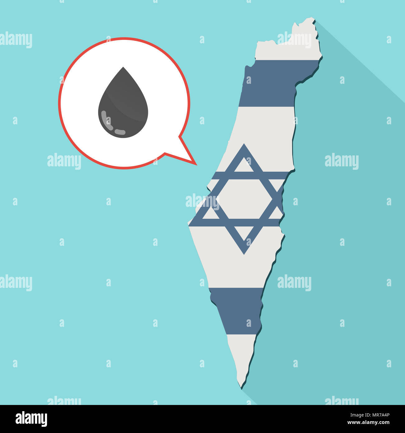 Illustrazione di una lunga ombra Israele mappa con la sua bandiera e un fumetto palloncino con una goccia di liquido Foto Stock