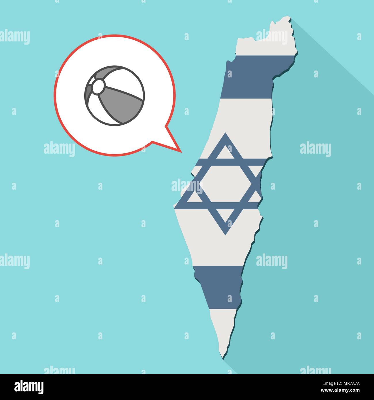 Illustrazione di una lunga ombra Israele mappa con la sua bandiera e un palloncino di fumetti con una palla spiaggia Foto Stock