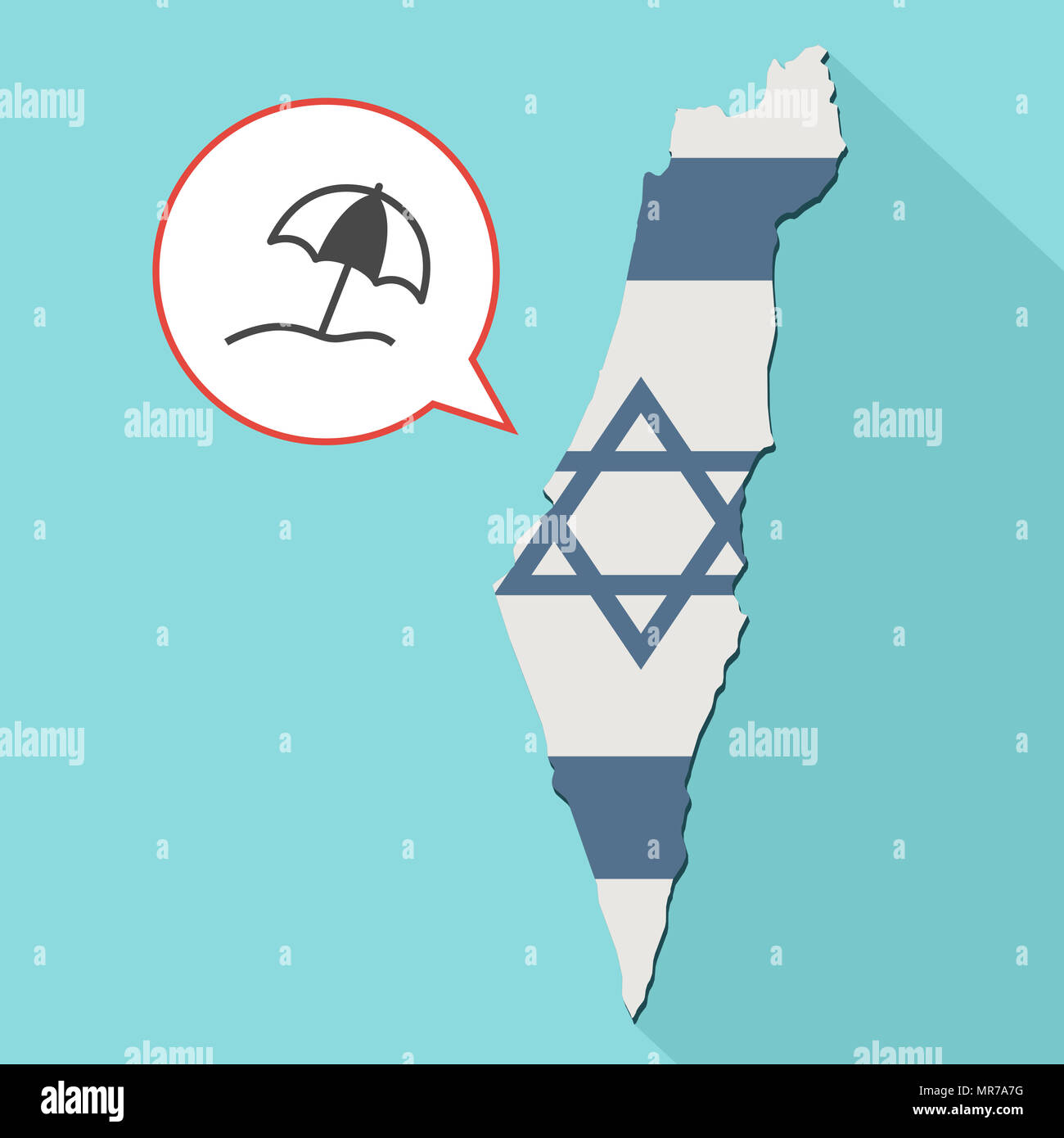 Illustrazione di una lunga ombra Israele mappa con la sua bandiera e un palloncino di fumetti con un ombrellone Foto Stock