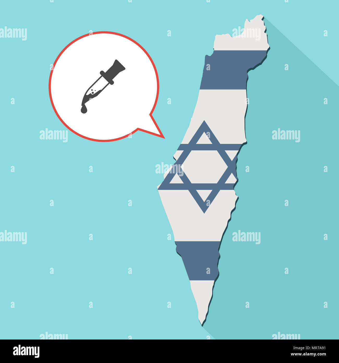 Illustrazione di una lunga ombra Israele mappa con la sua bandiera e un palloncino di fumetti con un coltello insanguinato Foto Stock