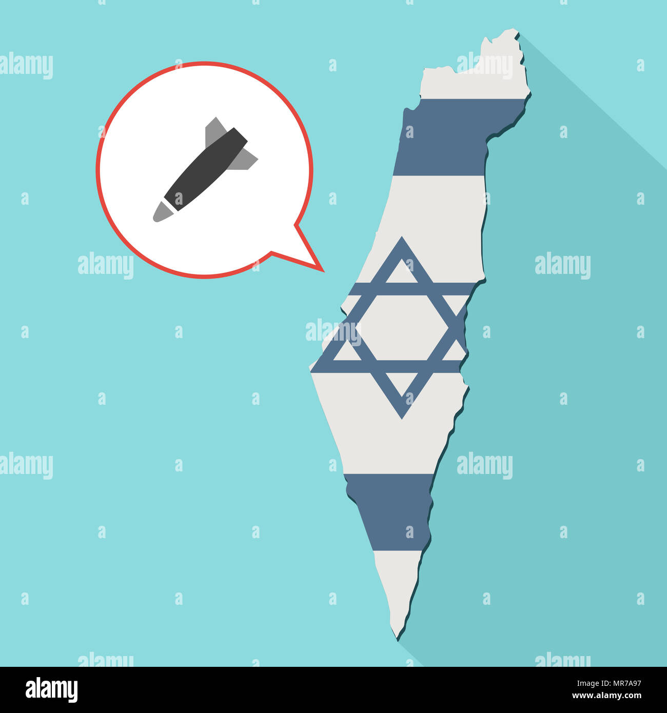 Illustrazione di una lunga ombra Israele mappa con la sua bandiera e un palloncino di fumetti con una bomba Foto Stock