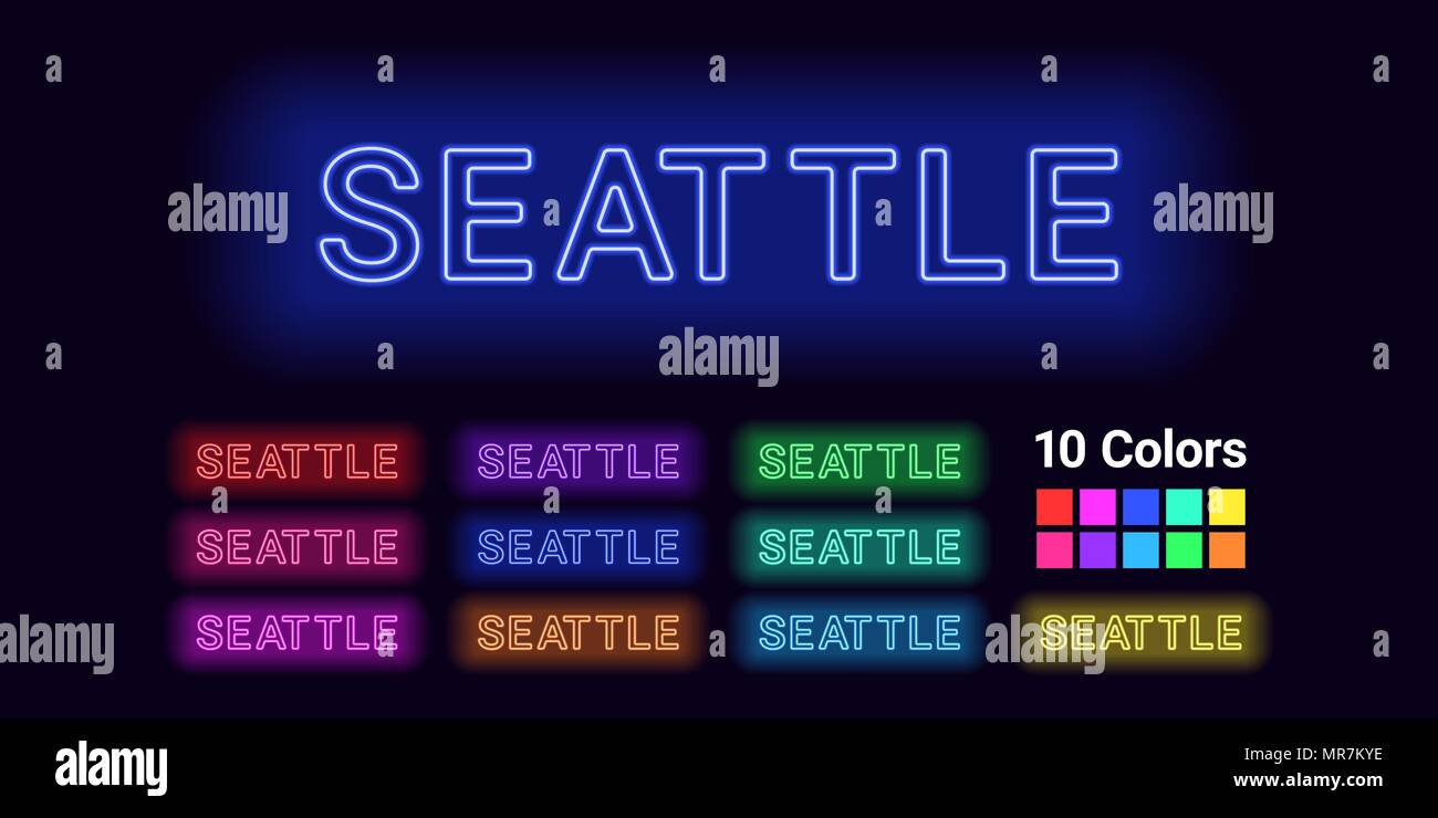 Nome neon della città di Seattle. Illustrazione Vettoriale di Seattle iscrizione costituito da contorni al neon, con retroilluminazione sullo sfondo scuro. Set di delta Illustrazione Vettoriale