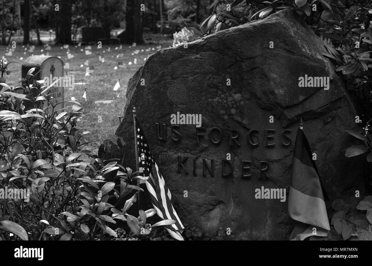 Bandierine americane e fiori adornano le lapidi di 452 bambini nordamericani di cui al resto in Kaiserslautern Kindergraves durante il Ramstein Area del Capo Gruppo e tedesco-americana e internazionale delle donne del Club Kindergraves memoriale di servizio a Kaiserslautern, in Germania, maggio 20, 2017. Il Kindergraves sono il luogo del riposo finale per 452 American i bambini morti alla nascita o poco dopo da 1952 a 1971. Ogni anno dopo la festa della mamma, membri del Kaiserslautern Comunità Militare di onorare la loro memoria con un memoriale di servizio. (U.S. Air Force foto di Senior Airman Tryphena Mayhugh) Foto Stock