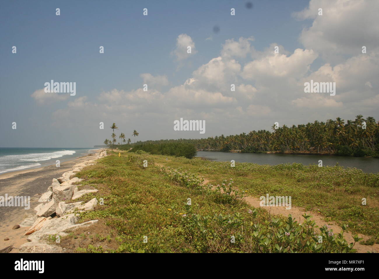 Oceano dove incontra lagune, Kerala, India Foto Stock
