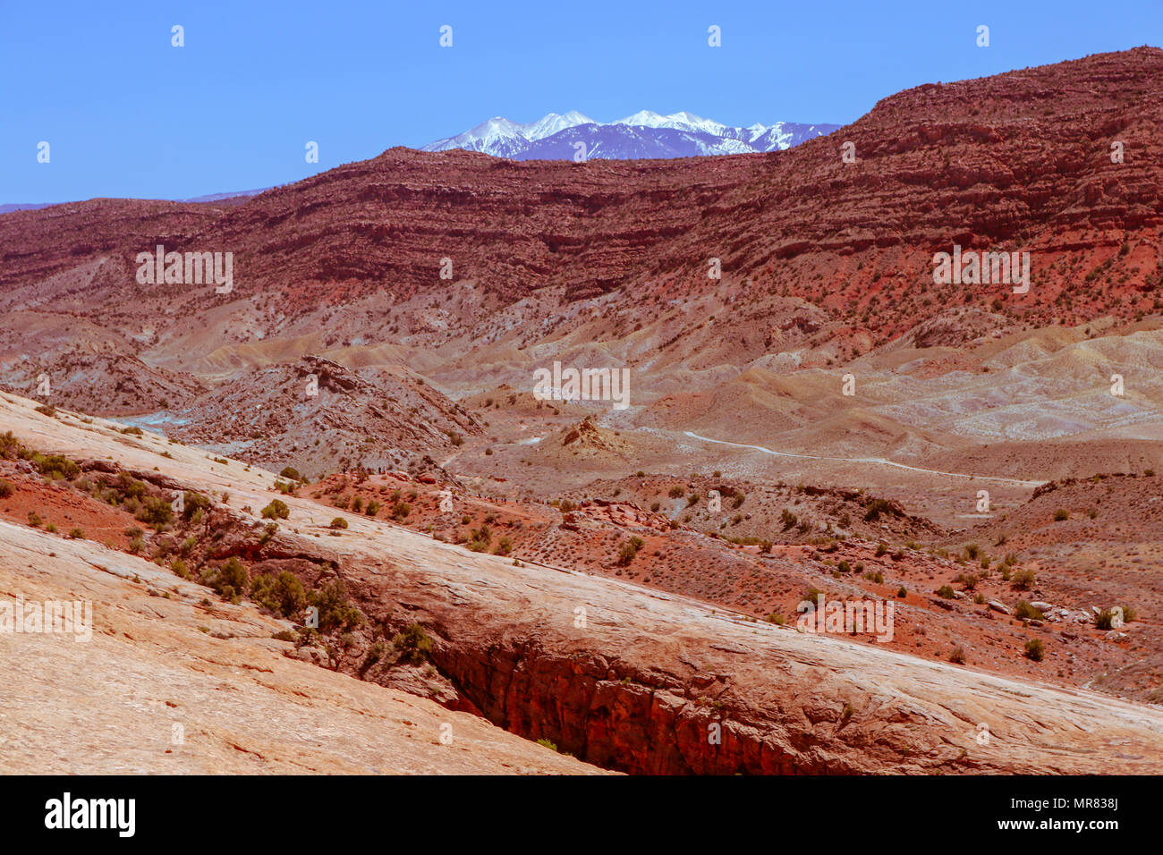 Il deserto rosso valle il Parco Nazionale di Arches appare come il pianeta Marte Snow capped montuosa nella distanza dimostra questa è ancora la massa vegetale Foto Stock