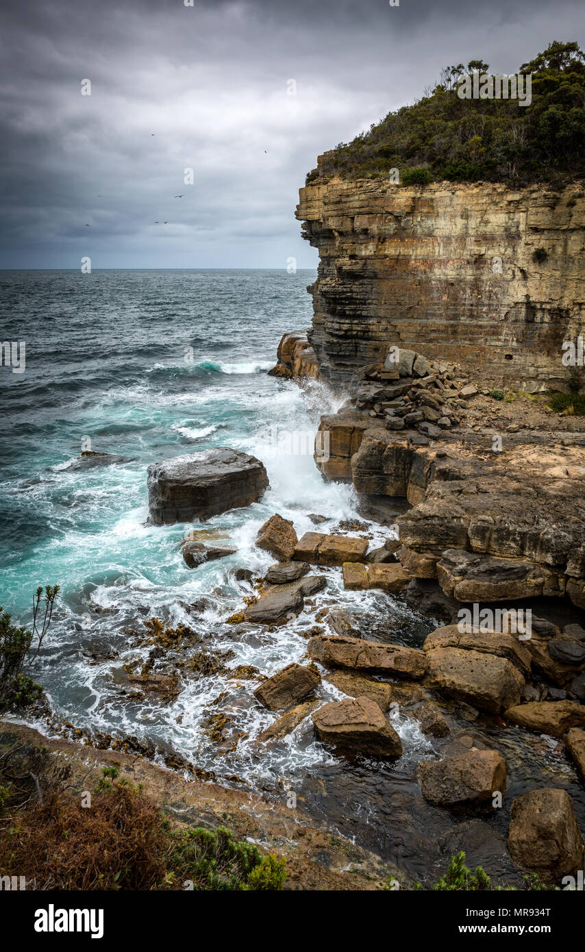 Costa frastagliata in una giornata spettacolare al fiordo di Tasman Arch, vicino a Port Arthur Tasmania Foto Stock