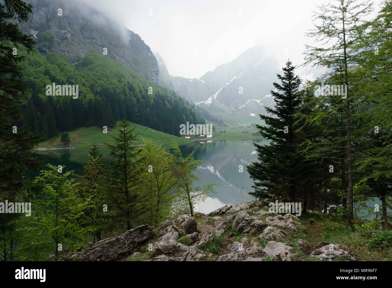 Il Seealpsee in Appenzellerland, Svizzera su una nebbia possono escursione. Foto Stock