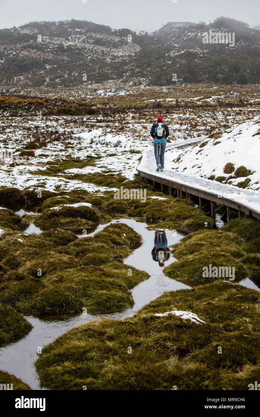 Un escursionista non identificato si riflette nell'acqua accanto al sentiero presso il Cradle Mountain National Park in una giornata invernale in Tasmania Australia Foto Stock