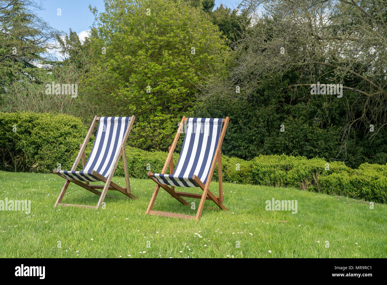 Due tipici english sedie a sdraio sul prato in giardino Foto Stock