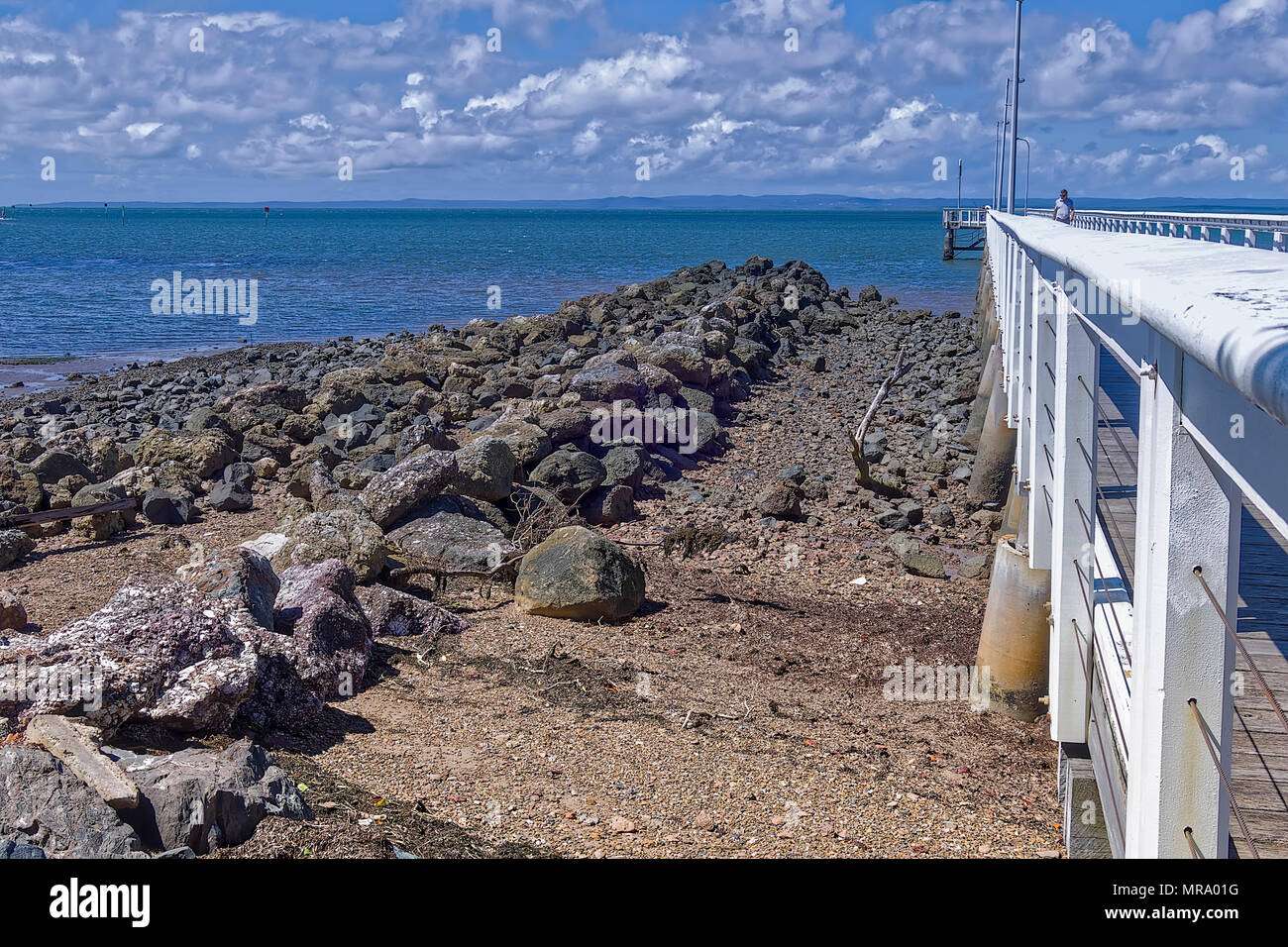 La bassa marea espone le rocce accanto al punto di Wellington Pier Foto Stock