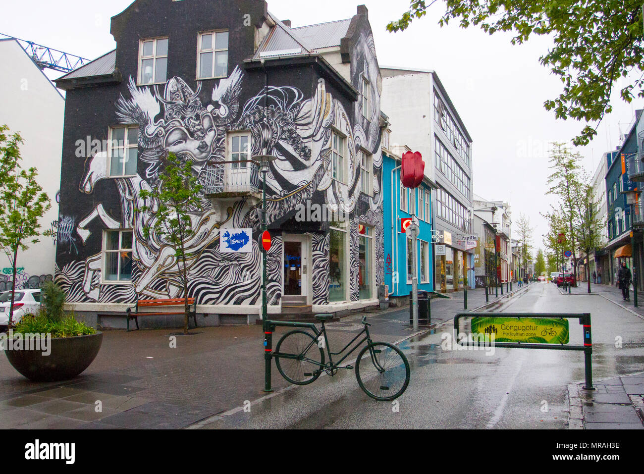 Case dipinte con colori vivaci a Laugavegur, Reykjavík, Islanda. 2018. Turisti e turisti stranieri si godono i murales Street art e visitare negozi colorati; vecchie case colorate nella sezione turistica del centro della città. Foto Stock