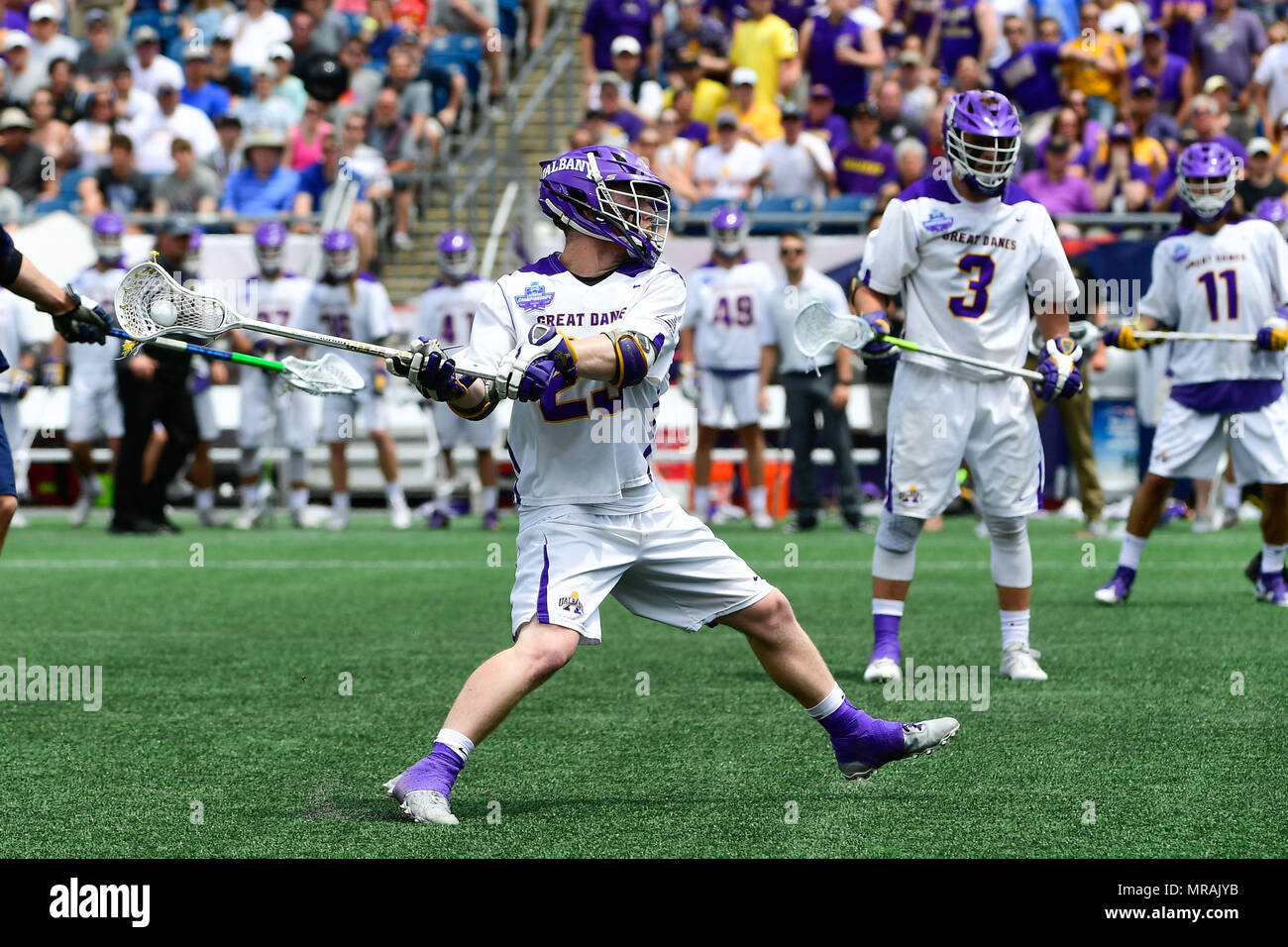 Foxborough, messa. 26 Maggio, 2018. Albany Alani Jack centrocampista Burgmaster (23) germogli e punteggi durante il NCAA Division I Lacrosse semi finale tra Yale e Albany, tenutosi a Gillette Stadium, in Foxborough, messa. Eric Canha/CSM/Alamy Live News Foto Stock