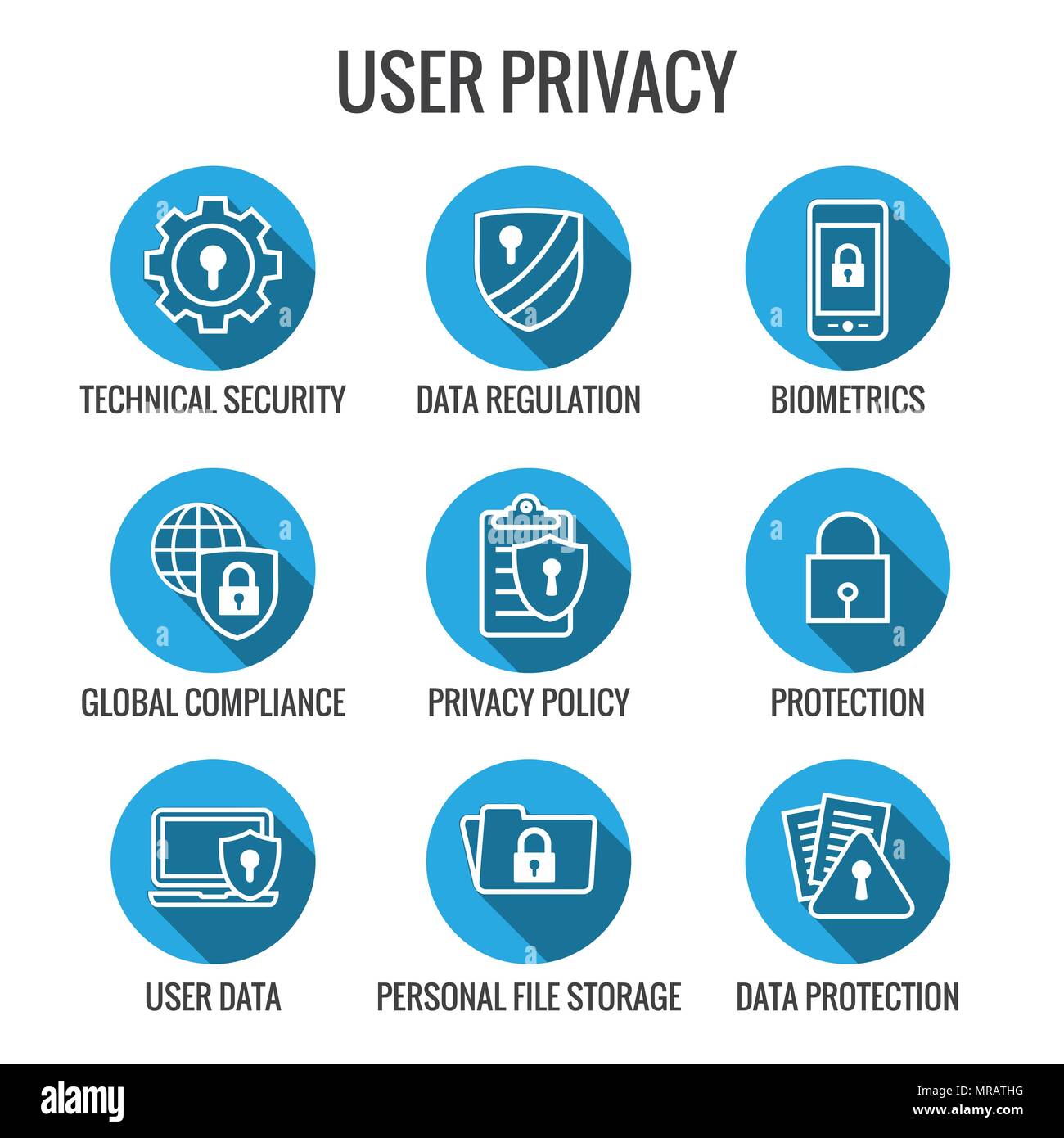 Il PILR & Privacy Policy Icon Set con serrature, lucchetti e protezioni Illustrazione Vettoriale