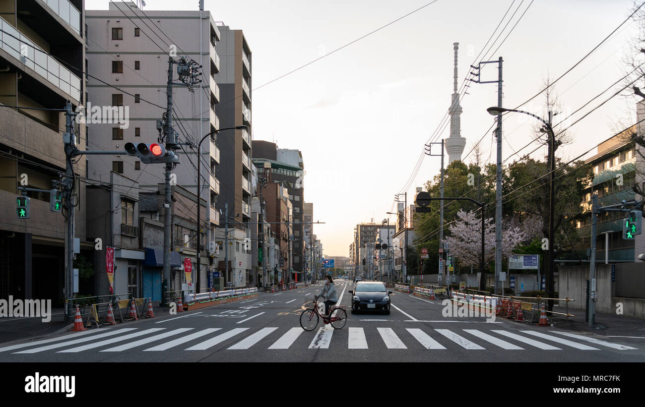 Strada di Tokyo nel quartiere di Asakusa con una bicicletta attraversando la strada in mattina presto Foto Stock