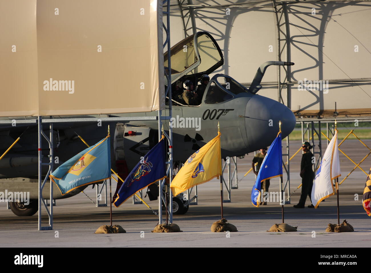 Un EA-6B Prowler si arresta dopo un cavalcavia durante il Marine Tactical Electronic Warfare Squadron 4's disattivazione cerimonia al Marine Corps Air Station Cherry Point, N.C., Giugno 2, 2017. Questa è stata l'ultima VMAQ-4, Marine Aircraft Group 14, seconda Marine ala di aereo Prowler a salire in cielo. In combinazione con il tramonto del Prowler, i rimanenti Marine Tactical Electronic Warfare squadroni sarà disattivato, uno ogni anno fino al completamento nel 2019. (U.S. Marine Corps foto di Cpl. Jason Jimenez/ rilasciato) Foto Stock