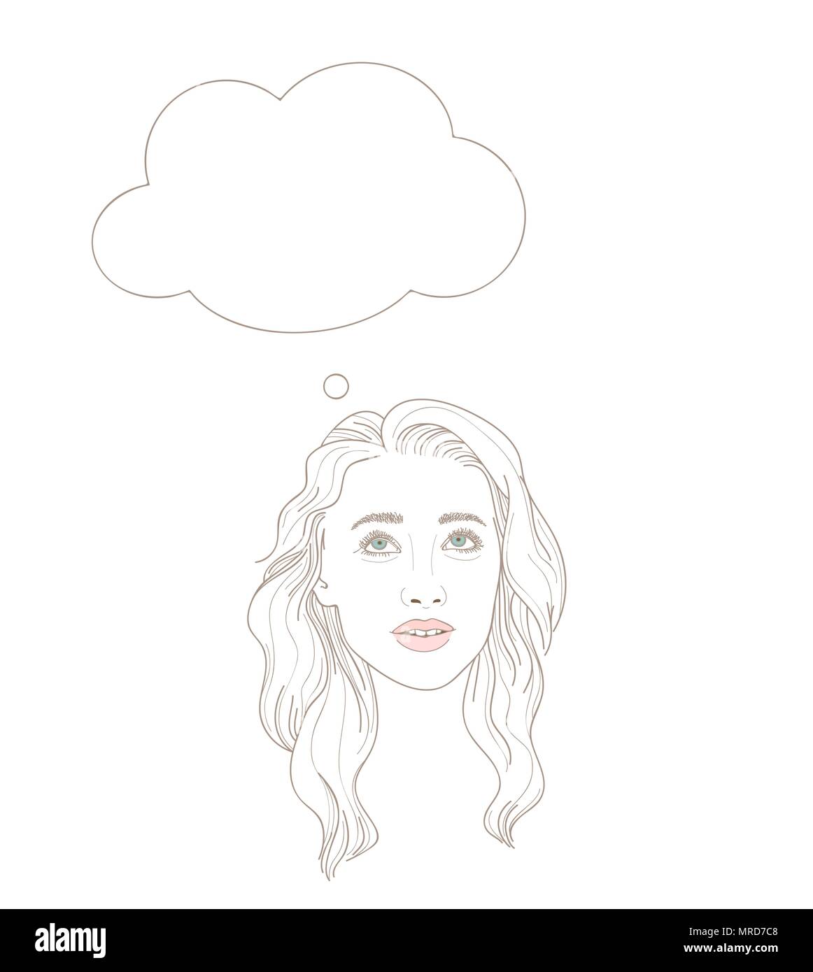 Illustrazione della giovane donna cercando dreamily con bolla di pensiero sopra la sua testa Illustrazione Vettoriale