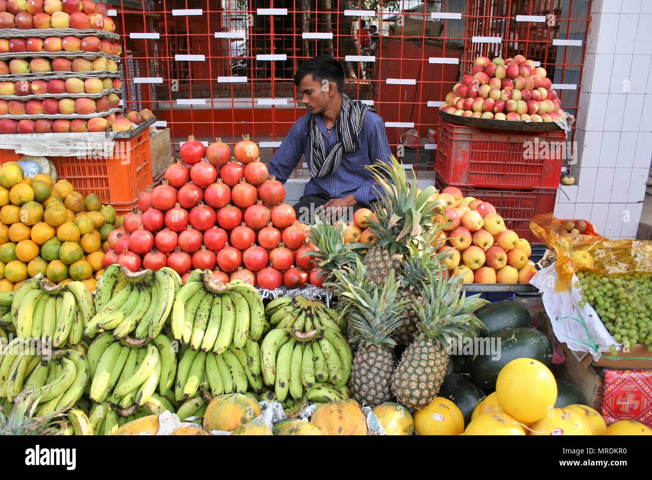 Venditore di frutta, Varanasia, India Foto Stock
