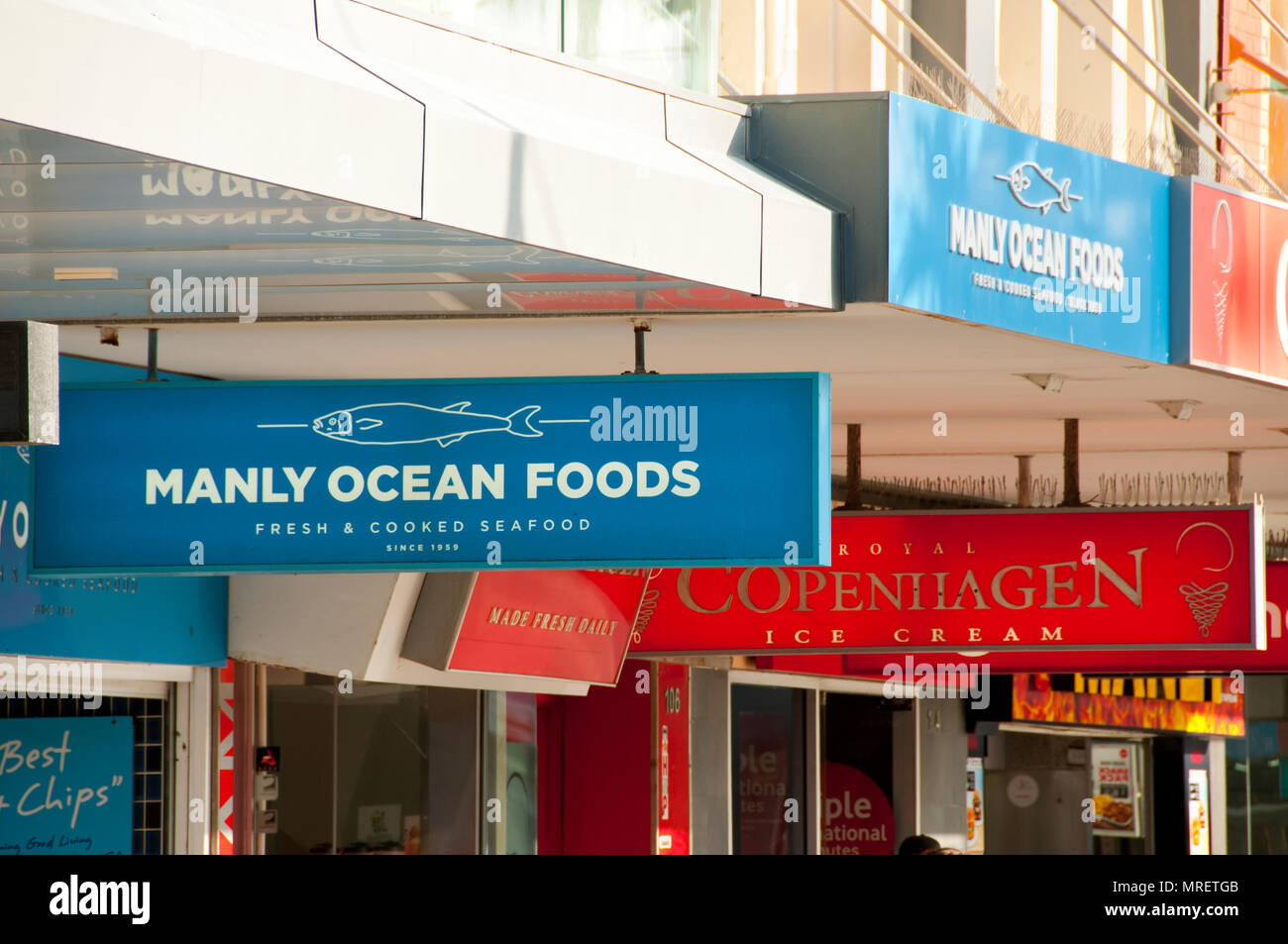 MANLY, Australia - Aprile 6, 2018: 'Muniche Ocean alimenti " è un popolare fish & chips venue Foto Stock