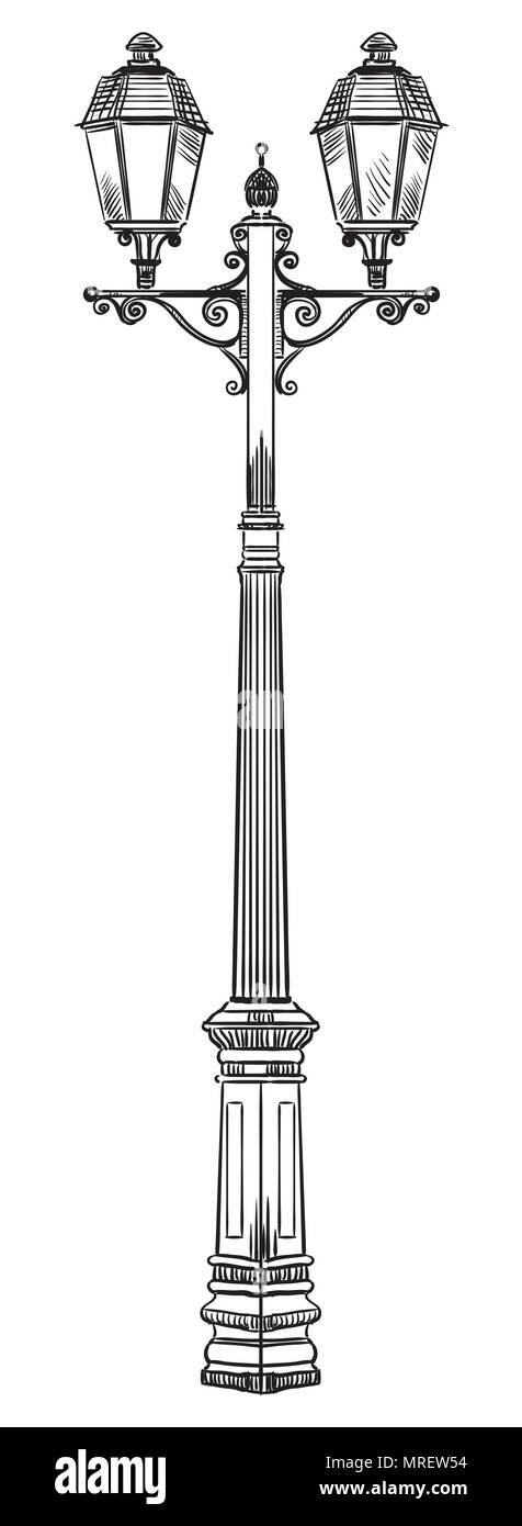 Disegno a mano la vecchia strada lampada monocromatica vettoriale illustrazione in colore nero isolato su sfondo bianco Illustrazione Vettoriale