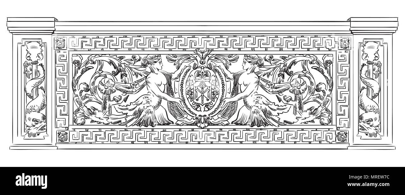 Scultura antica botanica marina e vignette con sirene da Liteyny ponte di San Pietroburgo, il vettore del disegno a mano illustrazione in colore nero iso Illustrazione Vettoriale