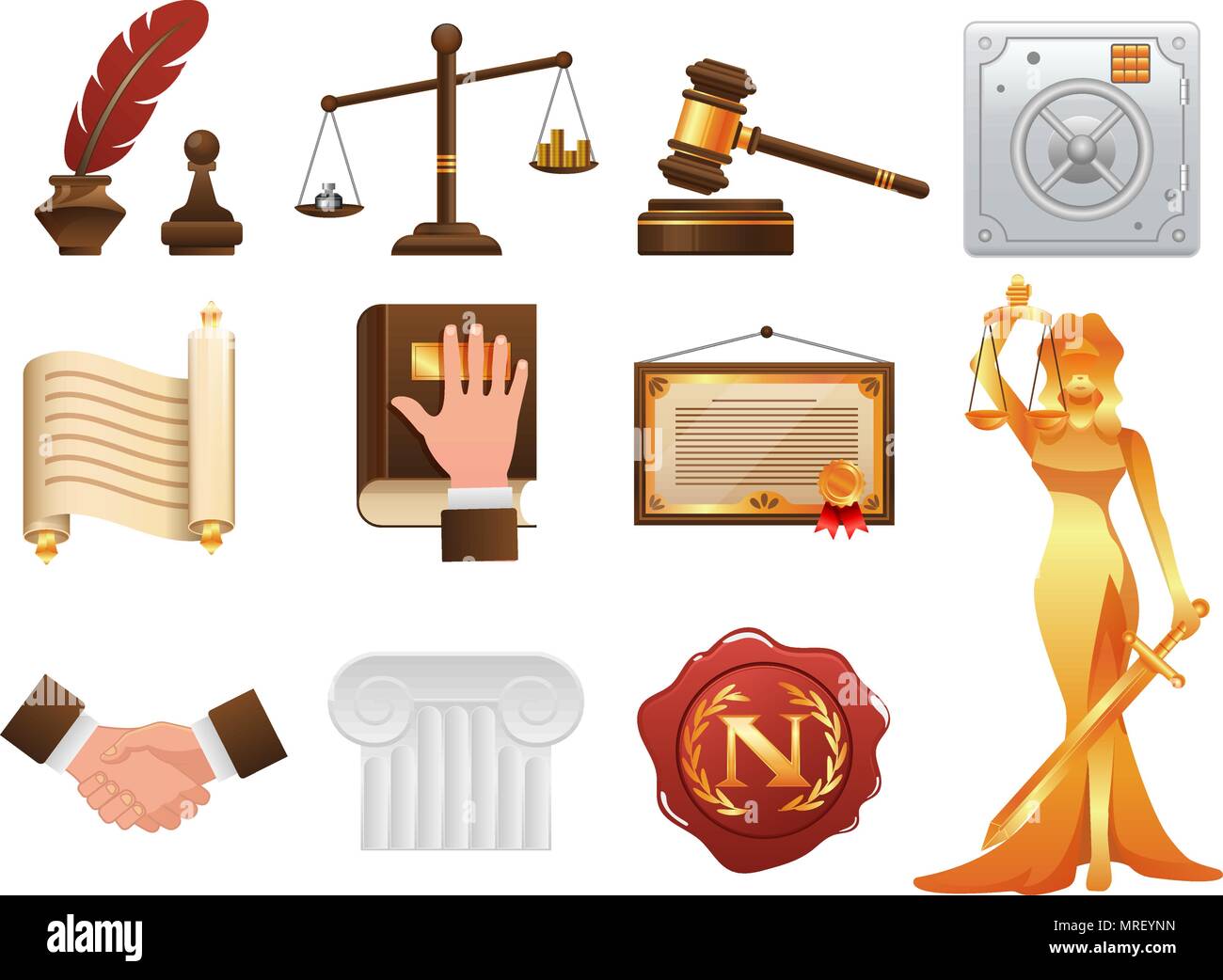 Legge della giustizia e dell'ordine realistico set di icone Illustrazione Vettoriale
