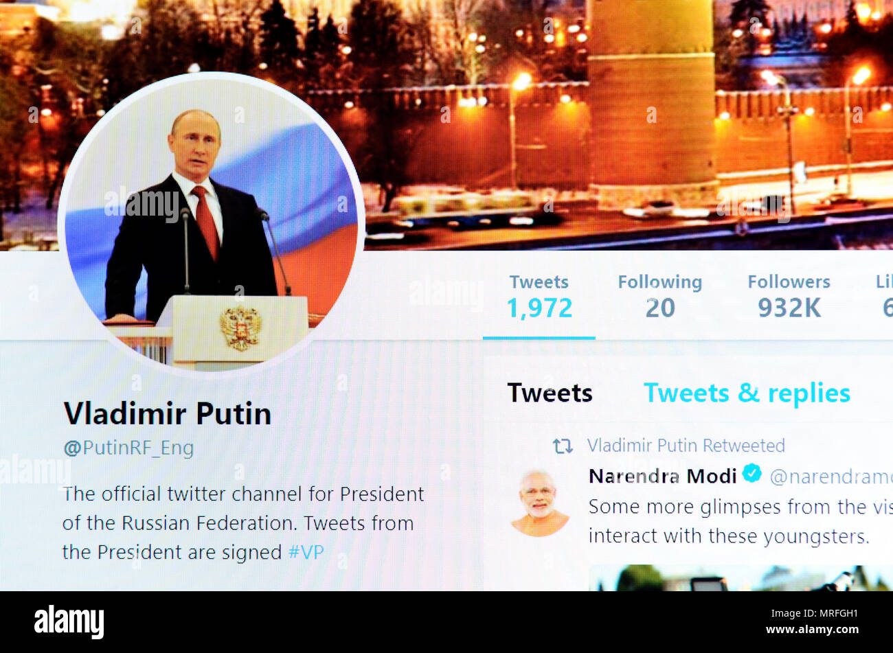Vladimir Putin pagina su Twitter (2018) Foto Stock