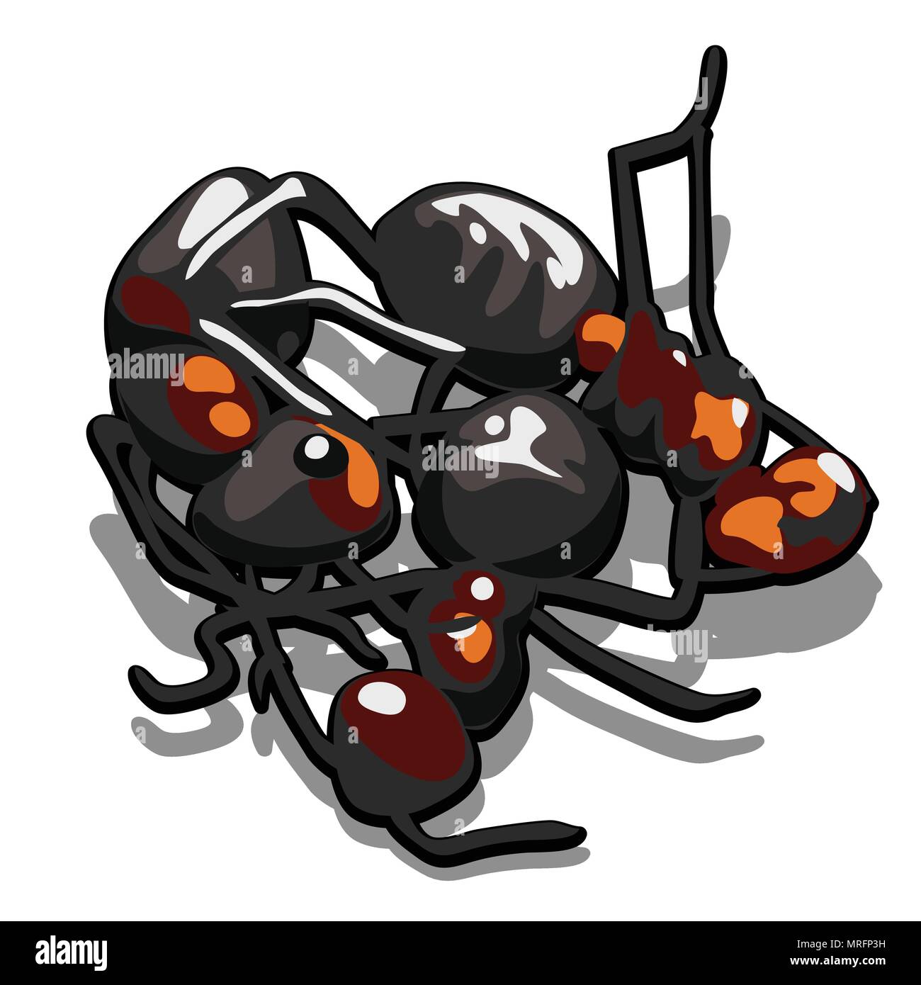 Tre black ant sono bloccati in un intrico isolato su sfondo bianco. Vector cartoon close-up illustrazione. Illustrazione Vettoriale