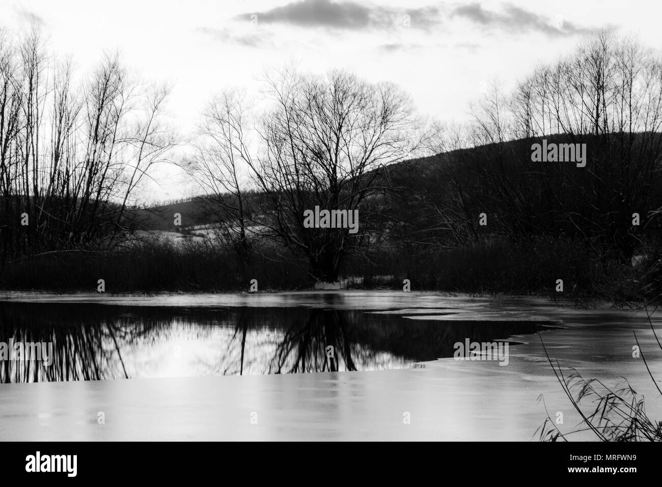 Un piccolo lago di Colfiorito, Umbria, in inverno, con ghiaccio sul sur Foto Stock