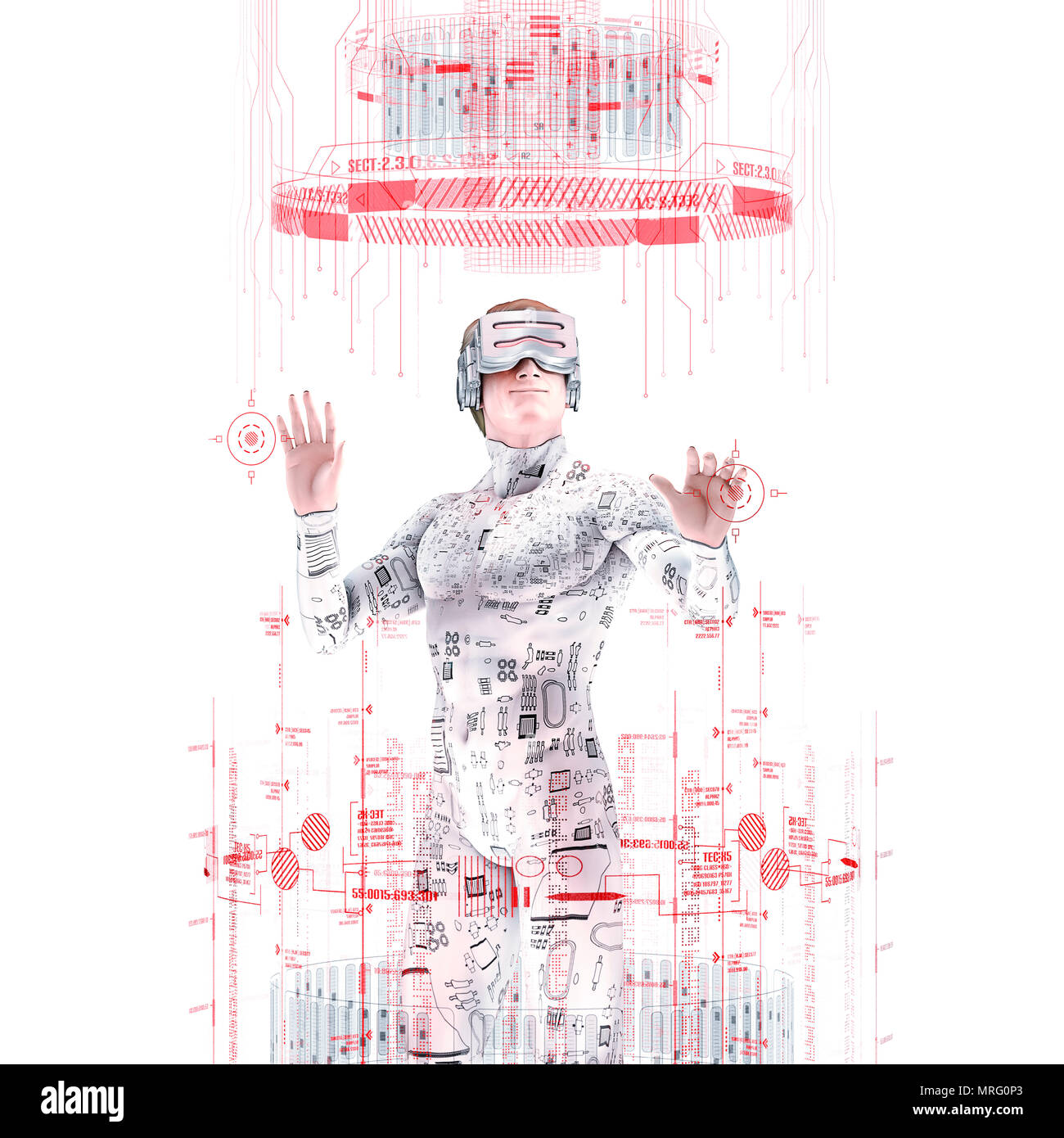 Realtà virtuale utente maschio bianco / 3D illustrazione della figura maschile in marcia virtuale lavora in bianco luminoso ambiente virtuale Foto Stock