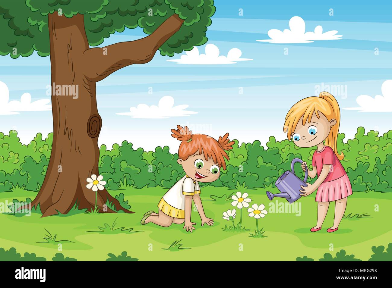 Due ragazze in giardino. Divertente personaggio dei fumetti. Illustrazione Vettoriale
