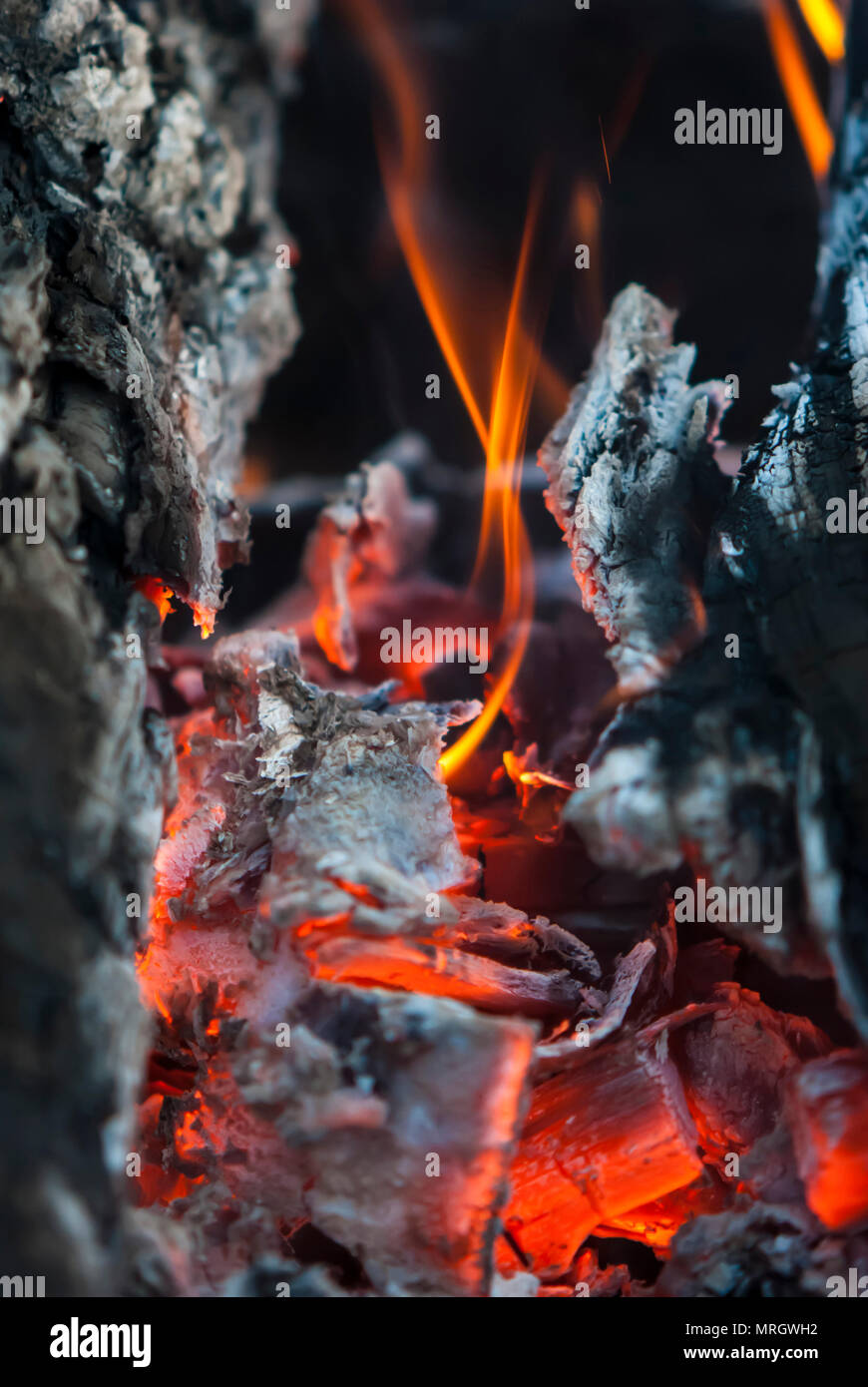Il carbone che brucia brucia luminosamente con rosso fuoco Foto Stock