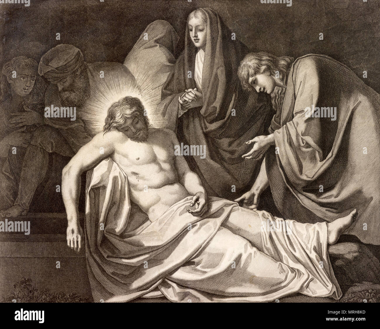 REGGIO EMILIA, Italia - 12 Aprile 2018: la litografia la sepoltura di Gesù (incrocio) nella chiesa di Santo Stefano da Benedetto eredi (1750 - 1812 Foto Stock