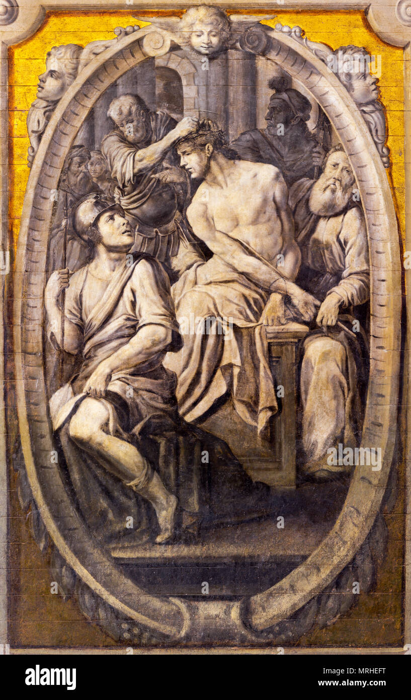 PARMA, Italia - 16 Aprile 2018: l'affresco della incoronazione di spine nella chiesa basilica di Santa Maria della Steccata da 17. cento. Foto Stock
