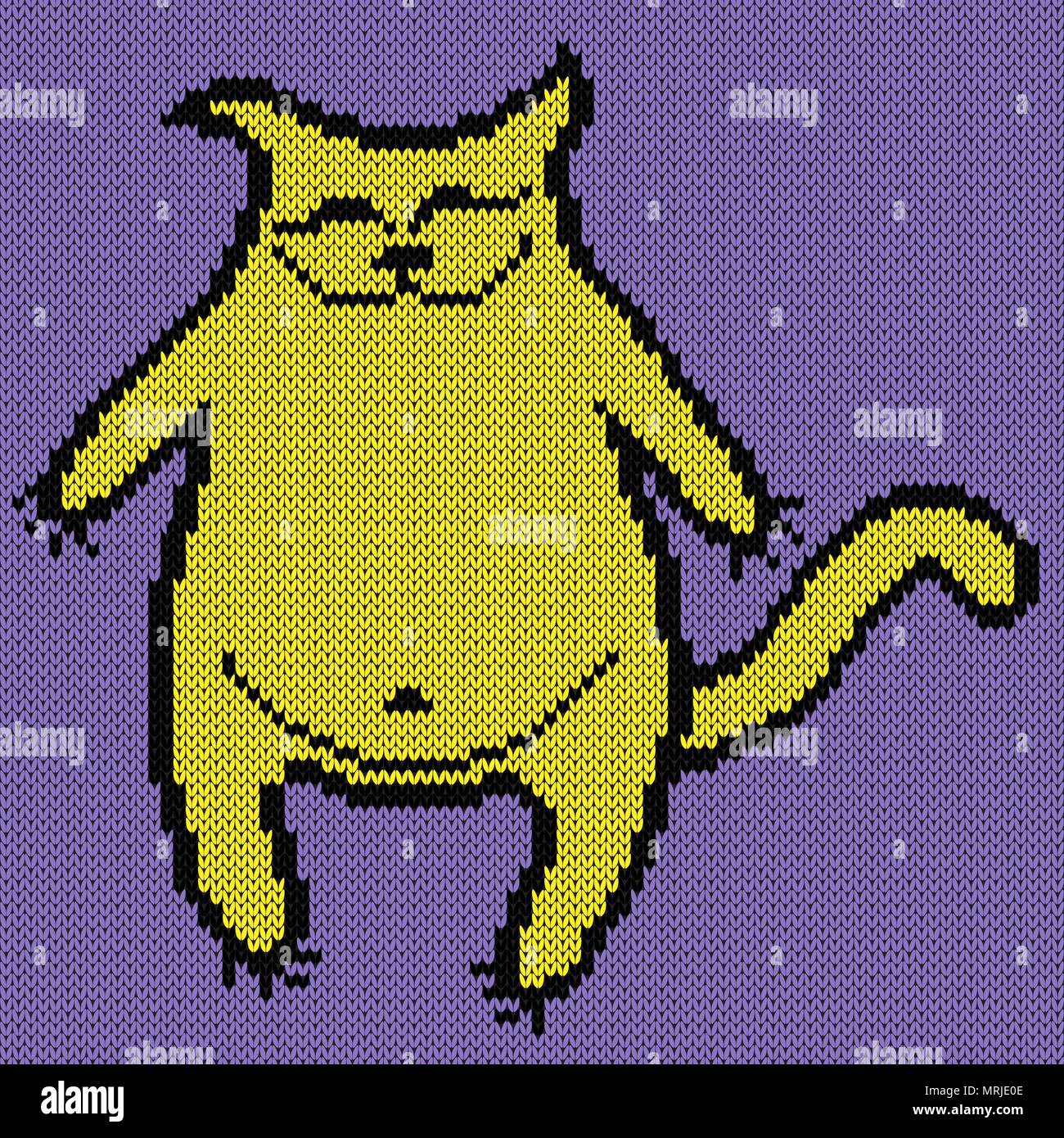 Divertente e felice il gatto giallo su sfondo viola, maglia modello di vettore come un tessuto texture Illustrazione Vettoriale