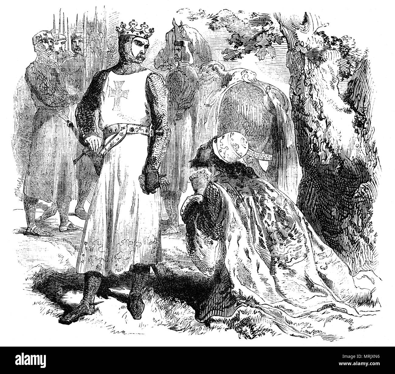 Isaac Komnenos sovrano di Cipro supplica con re Riccardo Cuor di Leone per il ritorno di sua figlia dopo la terza Crociata nel 1194. Nei primi mesi del 1191, Berengaria di Navarra e di Giovanna d'Inghilterra, la fidanzata e la sorella del re Richard, erano naufragati su Cipro e Isacco Komnenos li prese in cattività. Per rappresaglia re Richard conquistarono l'isola mentre sul suo modo di pneumatico e preso prigioniero Isacco. Sua figlia ha aderito alla corte del re Richard e dopo la terza crociata, viaggio di ritorno in Inghilterra con Berengaria di Navarra, ora regina consorte di Inghilterra. Foto Stock