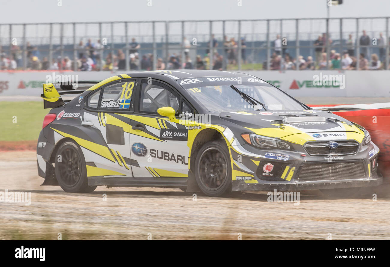 27 maggio 2018, sul circuito di Silverstone, Towcester, Inghilterra; Cooper pneumatici mondo RX della Gran Bretagna, il Festival SpeedMachine; Patrik Sandell (SWE) nella Subaru WRX STI per la Subaru Rally Team USA nel corso delle qualifiche 4 delle Americhe Rallycross Championship Foto Stock