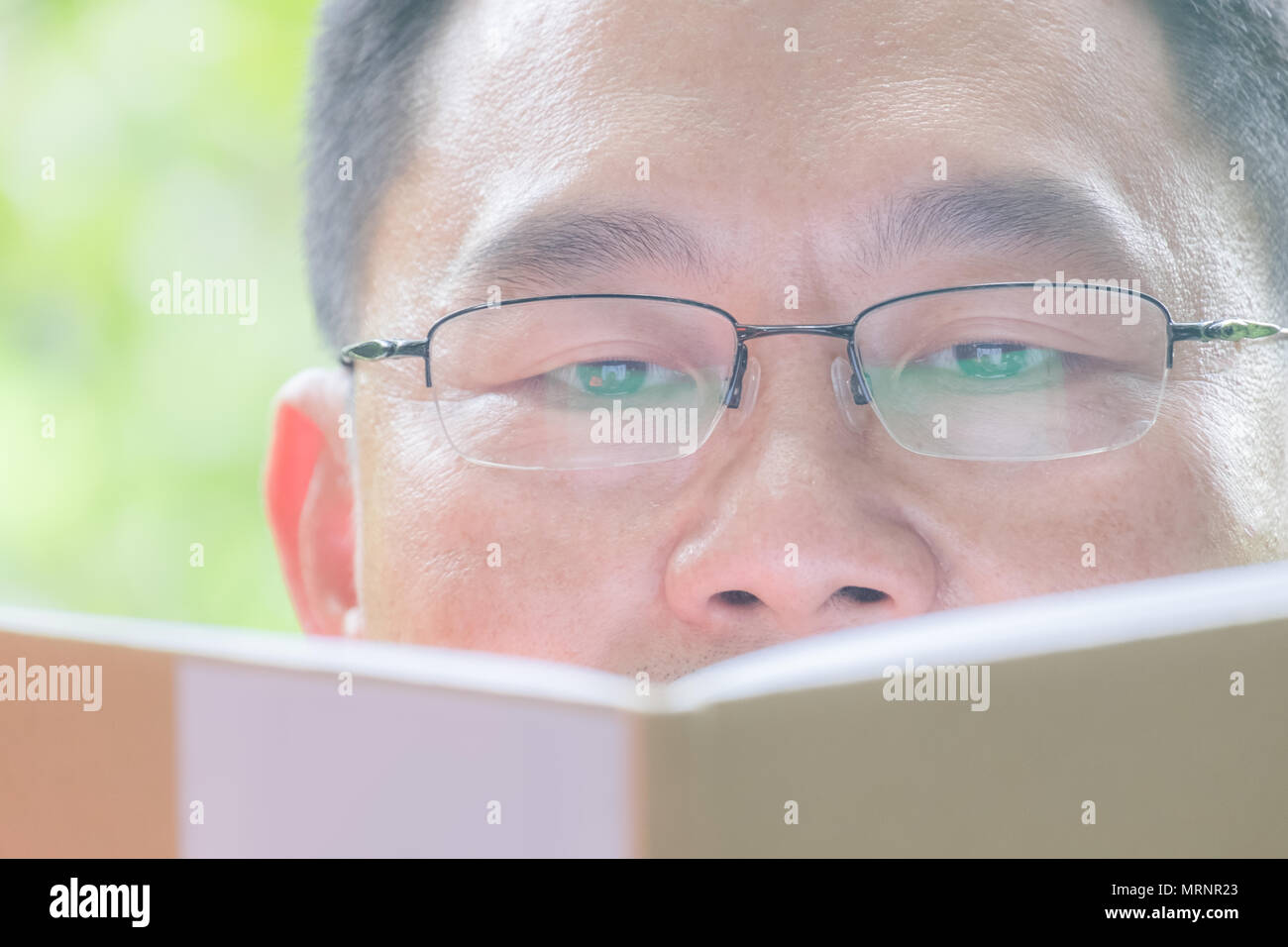 Uomo di mezza età con gli occhiali, gente seduta nel lavandino, libri o notebook nel verde giardino, felice nella tranquilla. Foto Stock