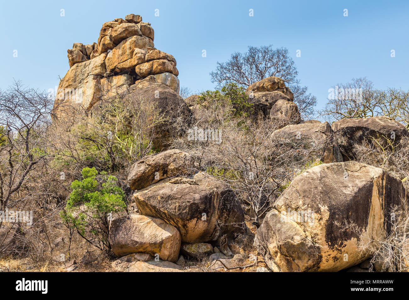 Rocce di bilanciamento in Matobo National Park, Zimbabwe, formato da milioni di anni di esposizione agli agenti atmosferici. Settembre 26, 2016. Foto Stock