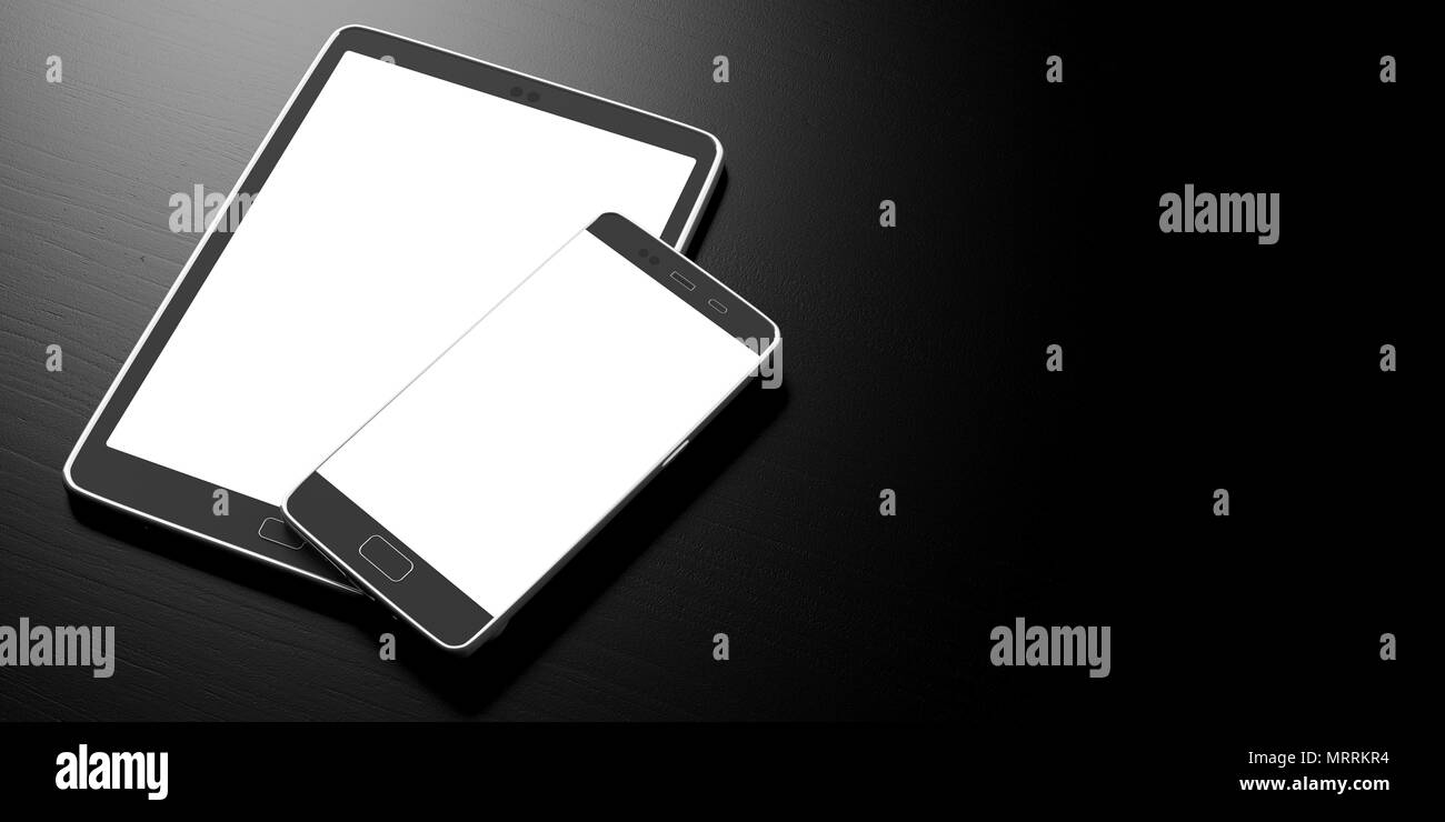 Telefono mobile e tablet con vuoto schermi in bianco su sfondo nero, copia dello spazio. 3d illustrazione Foto Stock