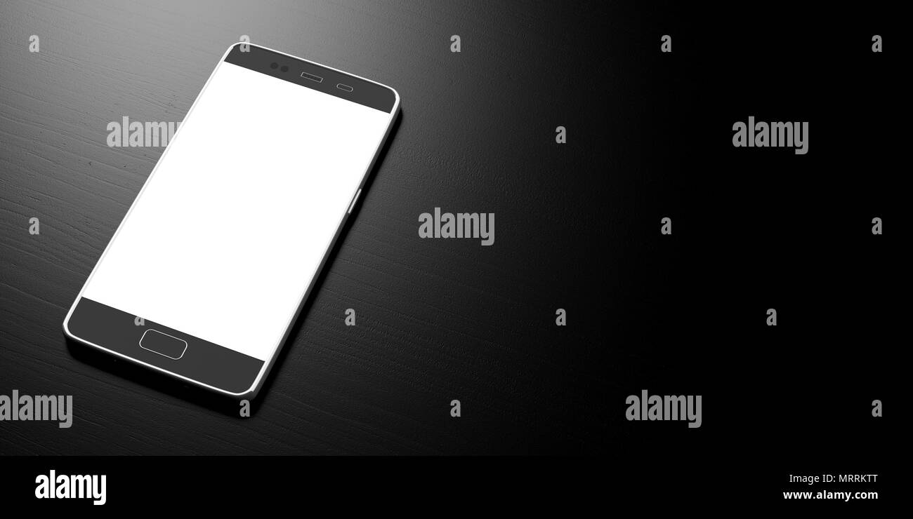 Smartphone, Telefono cellulare con schermata vuota bianca su sfondo nero, copia dello spazio. 3d illustrazione Foto Stock
