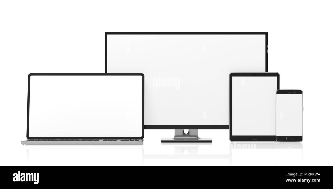 Set di realistico monitor vuota, sensibile design. Il monitor di un computer, laptop, tablet e smartphone isolati su sfondo bianco, copia dello spazio. 3d illus Foto Stock