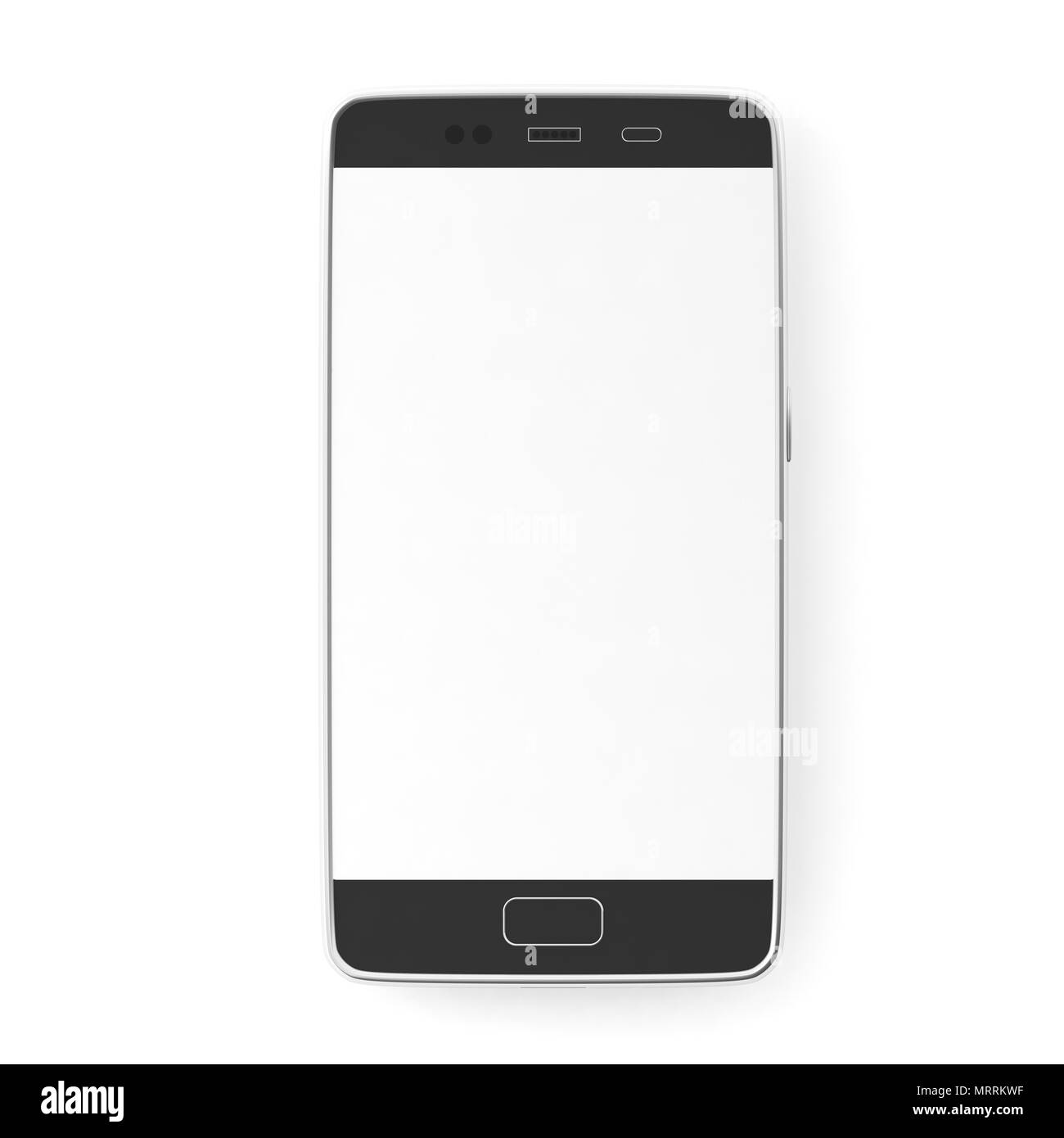 Smartphone, Telefono cellulare con schermata bianca vuota isolata su sfondo bianco, vista dall'alto, copia dello spazio. 3d illustrazione Foto Stock