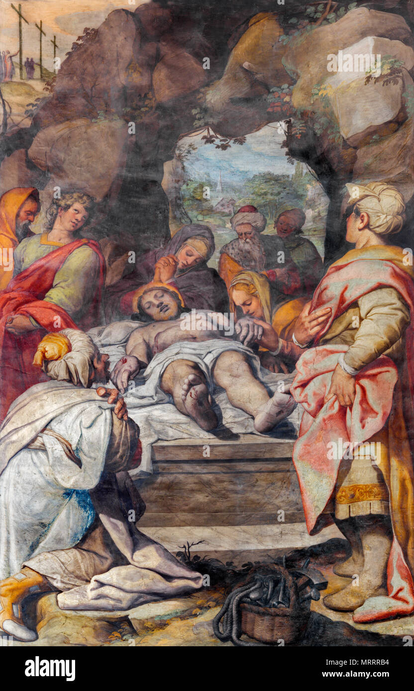 REGGIO EMILIA, Italia - 12 Aprile 2018: l'affresco della sepoltura di Gesù nella Chiesa Basilica di San Prospero di Camillo Procaccini (1585 - 1587). Foto Stock