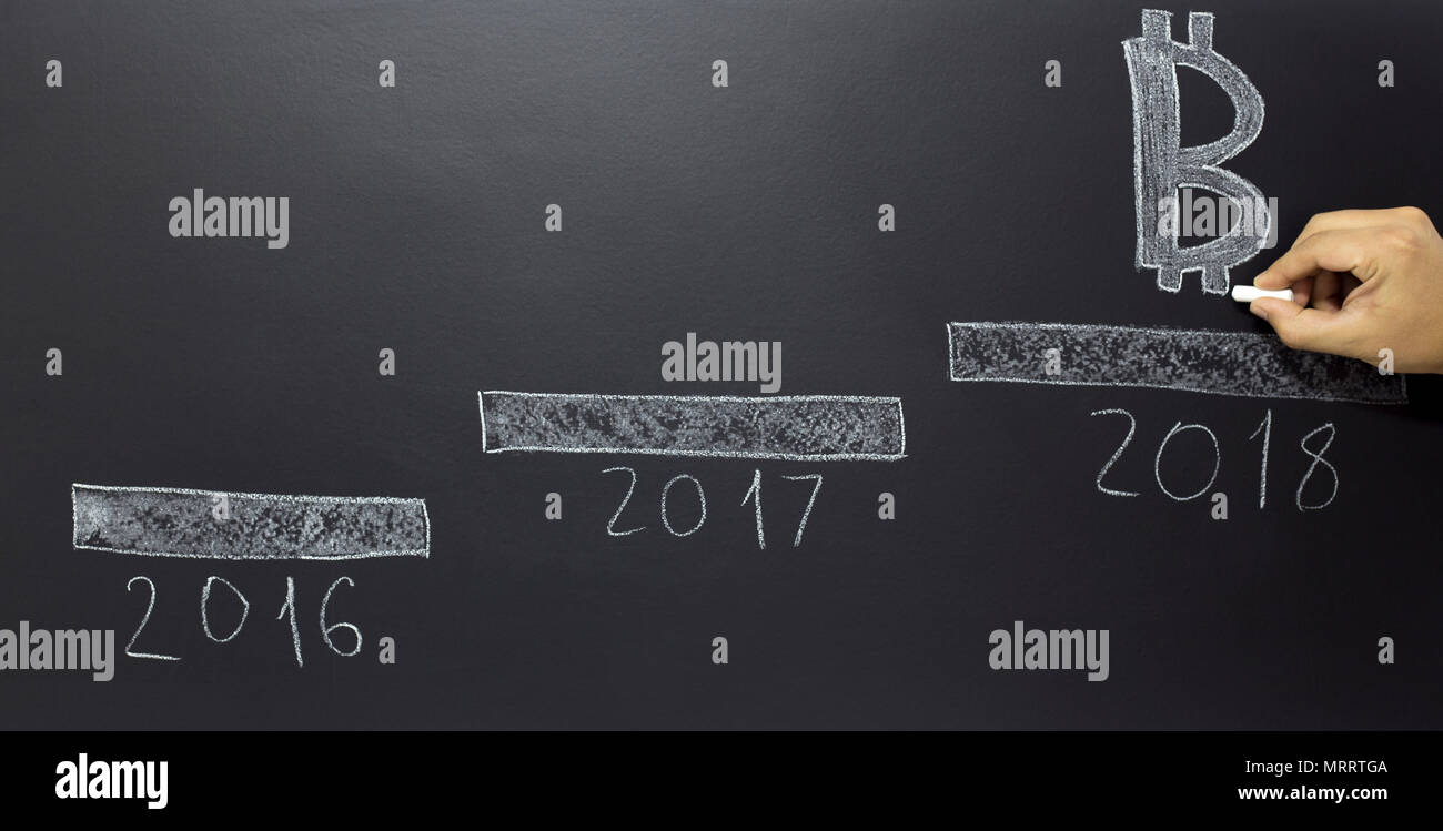 Disegnate a mano passi con simbolo bitcoin anni 2016 2017 2018 Foto Stock