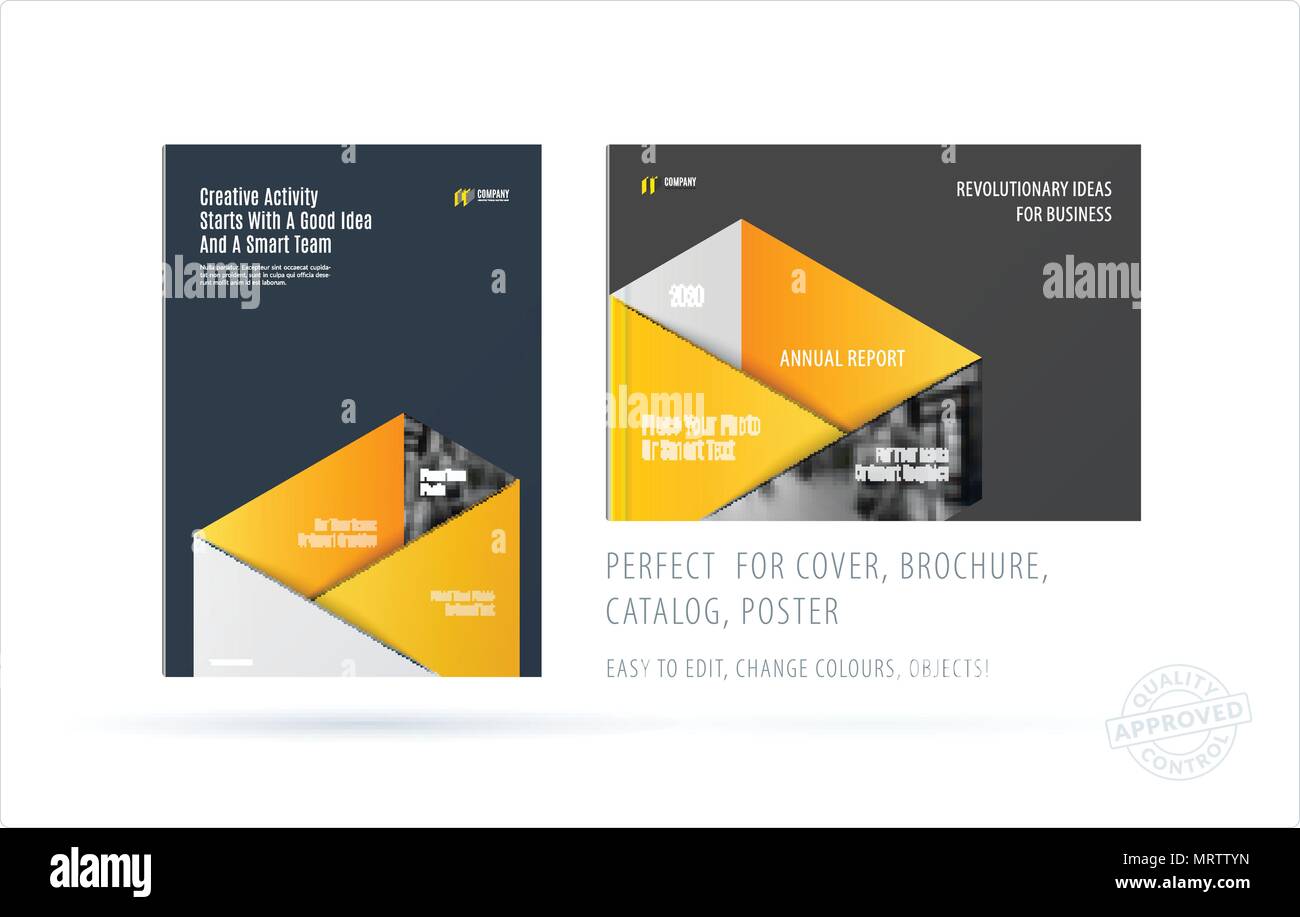 Realizzazione brochure modello rettangolare. Colorato e moderno insieme astratto, relazione annuale con materiale di design per il branding. Illustrazione Vettoriale