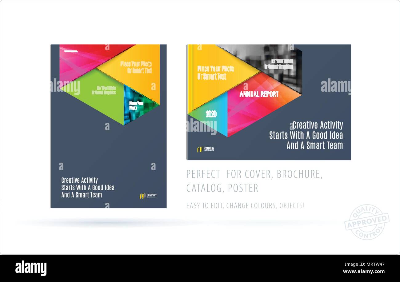 Realizzazione brochure modello rettangolare. Colorato e moderno insieme astratto, relazione annuale con materiale di design per il branding. Illustrazione Vettoriale