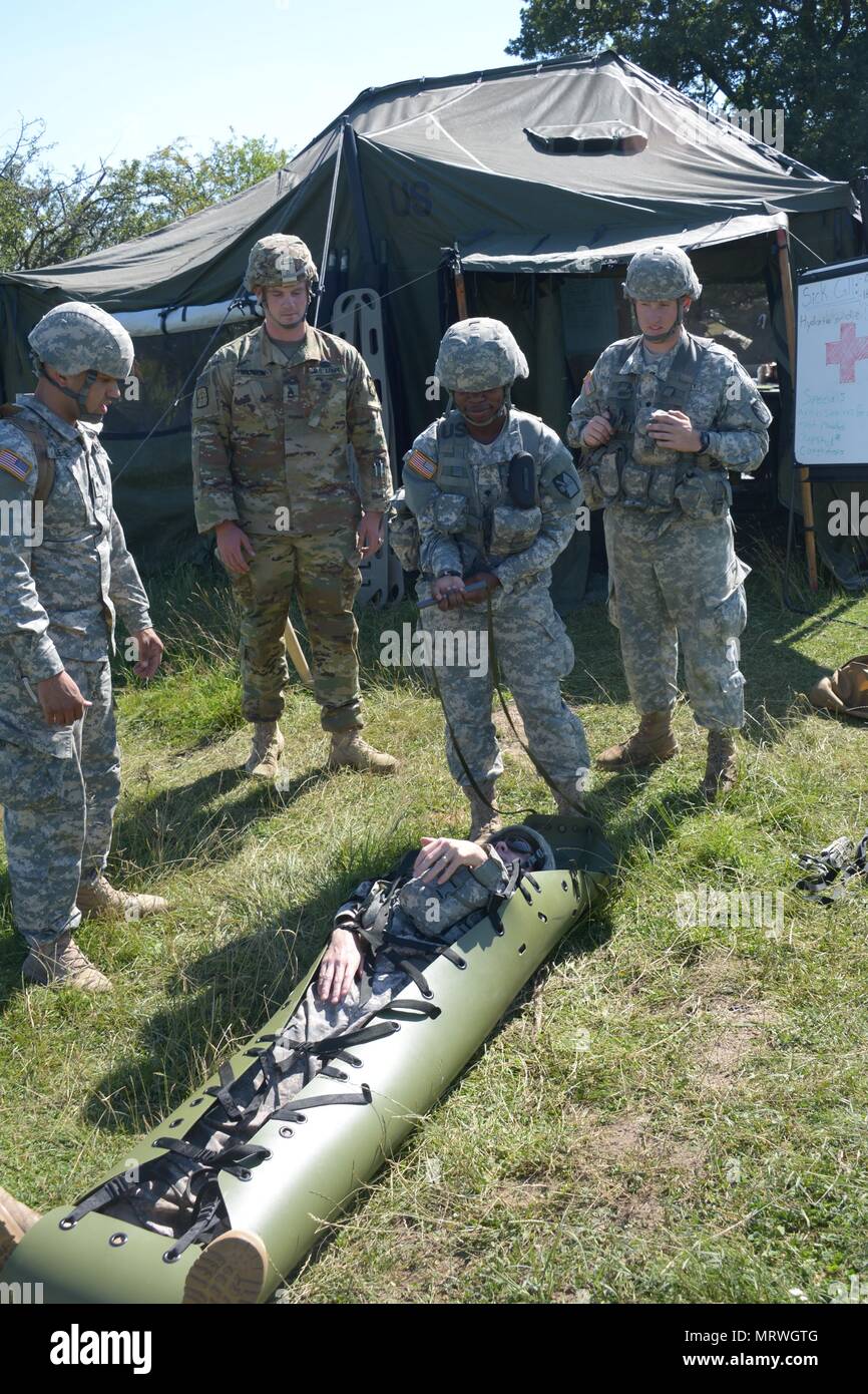 Combat medic soldati con il 5° Battaglione, 113Campo reggimento di artiglieria, North Carolina Esercito Nazionale Guardia, condurre il training di aggiornamento sulla tecnica medica e intervento medico entro l'aide stazione in corrispondenza di una zona di formazione vicino Cincu, Romania, durante l'esercizio Saber custode, 7 luglio 2017. I soldati si stanno preparando per la vita come gli scenari della lotta contro le situazioni che i medici possono affrontare sul campo di battaglia durante l'esercizio Saber custode. Esercizio Saber custode '17 è un U.S. Comando europeo che si svolge in Ungheria, la Romania e la Bulgaria che coinvolgono più di 25.000 membri del servizio da oltre venti alleato Foto Stock